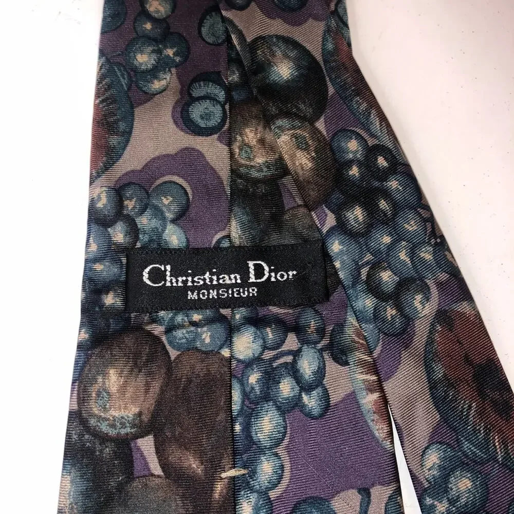 VTG Christian Dior Monsieur Italian Woven Silk Floral Pears Neck Tie Multicolor - Picture 2 of 5